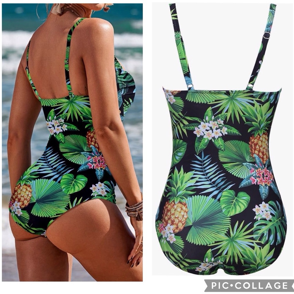Ekouaer ‘Pat5 Black/Green Leaves’ One-Piece Ruched Retro Swimsuit - Picture 4 of 11